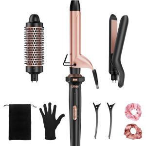 image:imageUfree 3 in 1 Curling Iron Curling Wand Set with Thermal Brush Flat Iron Hair Straightener Dual Voltage Wand Curler Instant Heat Up Hair Curler Include Protective Glove 2 Clips Gifts for Women