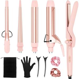image:imageUfree 5 in 1 Curling Iron with Ceramic Barrels 035125 Curling Wand Set with Flat Iron Hair Straightener Instant Heat Up Dual Voltage Hair Curler Gifts for Women PinkPink