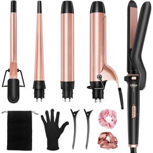 image:imageUfree 5 in 1 Curling Iron with Interchangeable Ceramic Barrels 035125 Curling Wand Set with Flat Iron Hair Straightener Instant Heat Up Dual Voltage Hair Curler Gifts for WomenRose Gold