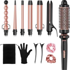 image:imageUfree 7in1 Curling Iron Set with Interchangeable Ceramic Barrels Curling Wand Set with Thermal Brush Hair Straightener and Wand Curling Iron Versatile Styling Hair Curlers Set Gifts for Women